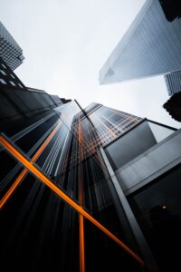 A photo of skyscrapers taken from the ground