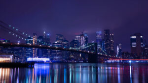 A photo of New York skyline taken at night