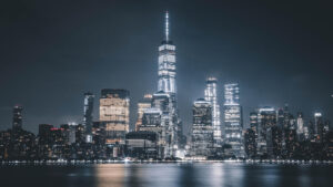 A photo of New York skyline at night