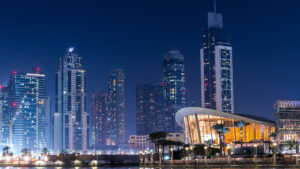 A cityscape photo taken at night