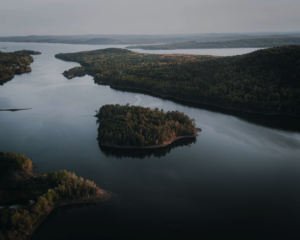 An aerial photo of a river in New Brunswick, Canada
