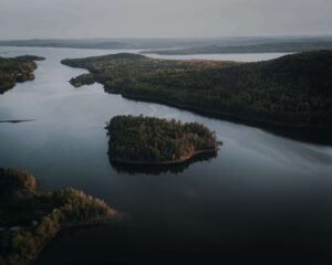 An aerial photo of a river with a wooded island in the middle