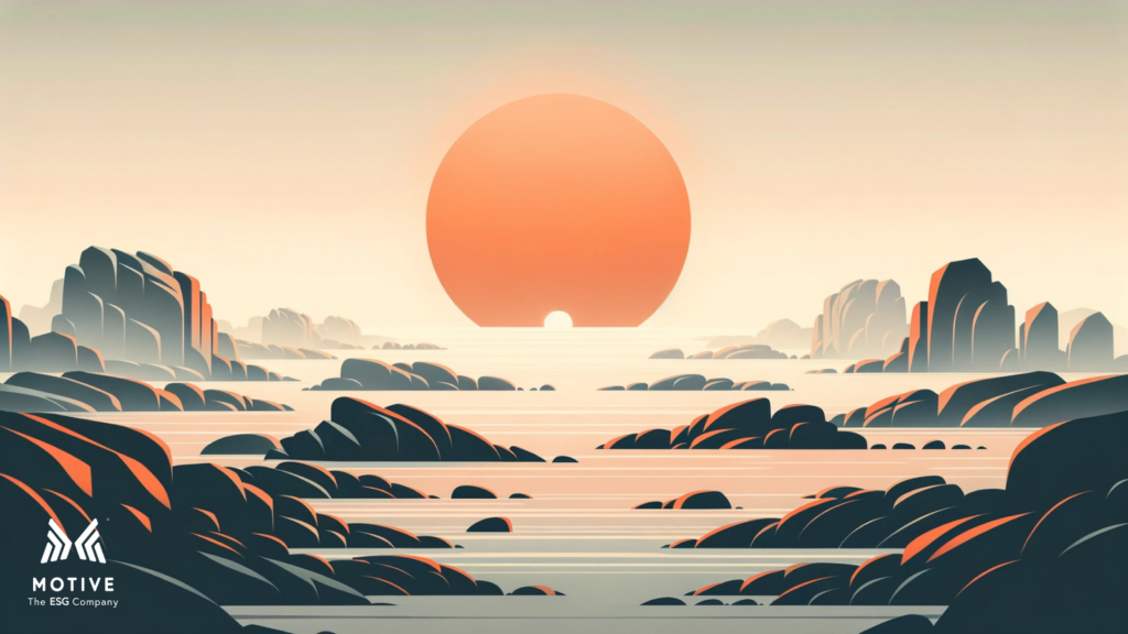 Illustration of a tranquil sunset over a rocky coastal landscape with the sun casting a golden hue over the waters and the Motive logo at the bottom.