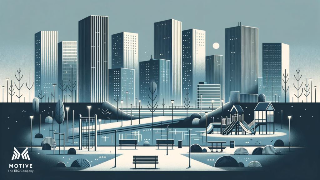 Illustration of a serene cityscape with tall modern buildings, a park, and the moon shining in the night sky with the Motive logo at the bottom.