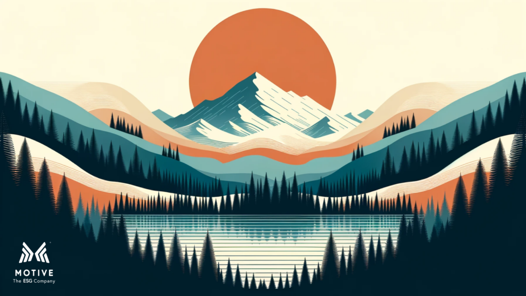 A breathtaking mountainous scene with a radiant sun, reflective waters, and the Motive logo