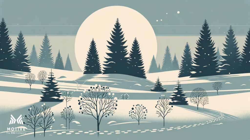 Illustration of a snowy landscape with tall pine trees, a large moon in the sky, and the logo of "MOTIVE - The ESG Company" at the bottom left corner.