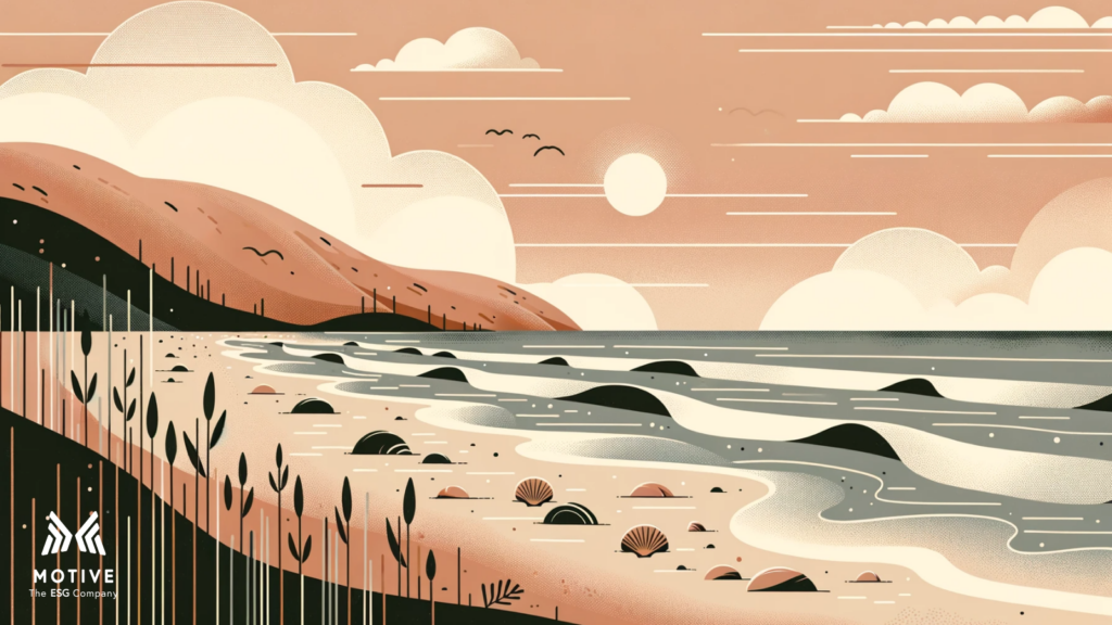 A tranquil coastal scene with rolling hills, sunlit shores, and the Motive logo at the bottom left.