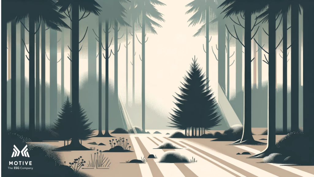 A serene forest with tall trees, soft light filtering through, and the Motive logo at the bottom left.