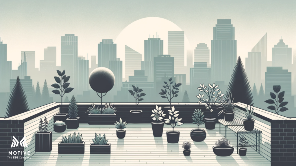 A rooftop garden overlooking a modern cityscape with potted plants and the Motive logo.