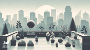A rooftop garden overlooking a modern cityscape with potted plants and the Motive logo.